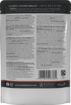 Tył białej saszetki karmy dla psów Banquet Flaked Chicken Breast z ryżem i warzywami. Widoczny skład, kod kreskowy, 100g.