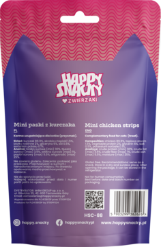 Tył fioletowego opakowania Happy Snacky Mini Paski z Kurczaka dla kota, bez glutenu, z wysoką zawartością białka.