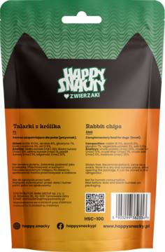 Tył opakowania przysmaków Talarki z królika Happy Snacky dla psa, z etykietą, składem i kodem kreskowym.