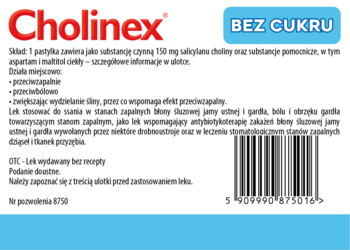 Tył białego opakowania pastylek Cholinex Bez Cukru z informacjami o składzie i działaniu oraz kodem kreskowym.