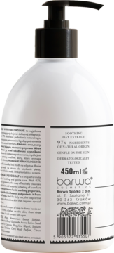 Barwa mydło owsiane 450ml, tył białej butelki z pompką, etykieta z napisem 'Oat Extract' i kodem kreskowym.