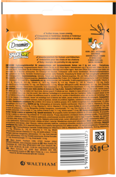 Tył pomarańczowego opakowania Dreamies Mix Shakeups Multivitamins dla kotów, ze składem, kodem kreskowym i wagą 55g.