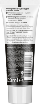Tył tubki wybielającej pasty do zębów ON White Black Gold 20ml, z polskimi napisami i listą składników.