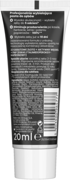 Tył czarnej tubki pasty wybielającej ON White Black Gold 20ml z polskim tekstem i kodem kreskowym.