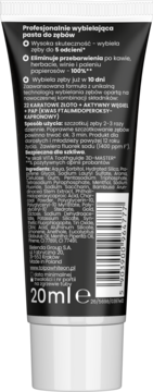 Tył czarnej tubki pasty wybielającej ON White Black Gold, z białym tekstem o składzie i fluorze 1400 ppm.