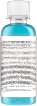 Listerine Cool Mint płyn do płukania ust, tył niebieskiej butelki z białą nakrętką i etykietą składu.