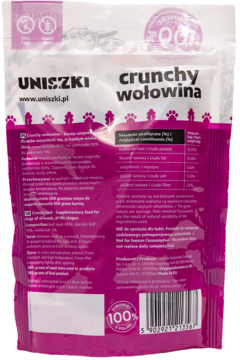 Różowy tył opakowania Uniszki Crunchy Wołowina, przysmaki dla psa, z danymi odżywczymi i info bez zbóż.