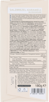 Tył opakowania mlecznej czekolady Das Exquisite Salzbrezel-Karamell 180g z danymi odżywczymi i kodem kreskowym.
