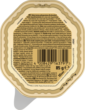 Tył beżowej tacki karmy Sheba Sauce Collection 85g dla kotów, z etykietą składu i kodem kreskowym.