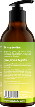 Tył brązowej butelki żelu OnlyBio Pistacja 400ml. Zielono-żółta etykieta ze składem i hasłami „Be body positive!”.