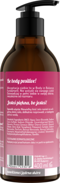 Tył brązowej butelki żelu pod prysznic OnlyBio Sakura 400ml z różową etykietą i hasłem Be body positive!.