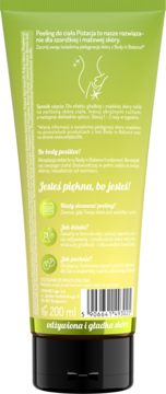 Tył zielonego peelingu do ciała OnlyBio Pistacja 200 ml, widoczny opis 'odżywiona i gładka skóra' i kod kreskowy.