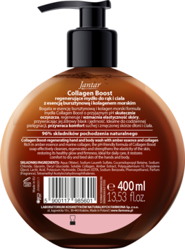 Tył okrągłej brązowej butelki Jantar Collagen Boost mydła do rąk i ciała z czarną pompką, widoczne etykiety.