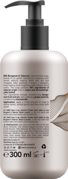 BeBIO Home & Spa mydło Bergamot & Tuberose 300ml, tył opakowania z czarną pompką i tekstem.