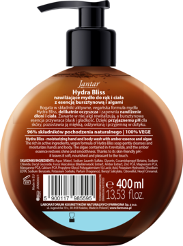 Tył bursztynowej butelki Jantar Hydra Bliss nawilżającego mydła, widoczne 400ml i składniki.
