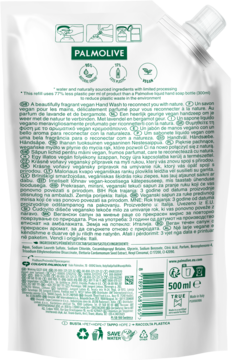 Tył uzupełnienia Palmolive Sensorial Escape mydła do rąk, lawenda i bergamotka, zielony worek 500ml.