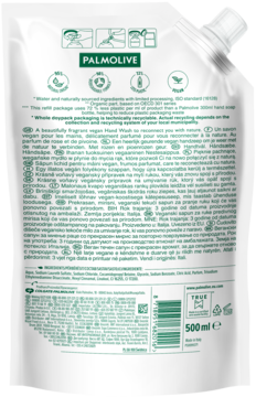 Biała torebka uzupełniająca Palmolive Sensorial Escape mydło w płynie, tył, 500ml, z opisami w wielu językach.