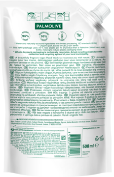 Tył białego opakowania uzupełniającego mydła Palmolive, 95% naturalne, 98% biodegradowalne, z wielojęzycznymi opisami.