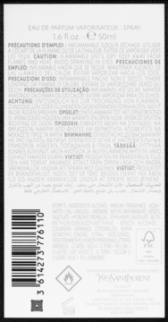 Tył białego opakowania YSL Libre Le Parfum 50ml, z kodem kreskowym, wielojęzycznymi ostrzeżeniami i składnikami.