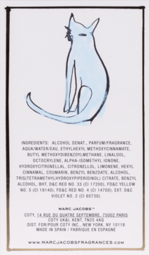 Tył opakowania wody perfumowanej Marc Jacobs Perfect z ilustracją niebieskiego kota i czytelną listą składników.