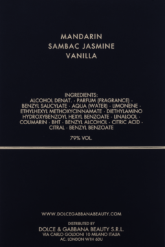 Tył butelki perfum Dolce & Gabbana The Only One Intense z listą składników: mandarynka, jaśmin, wanilia.