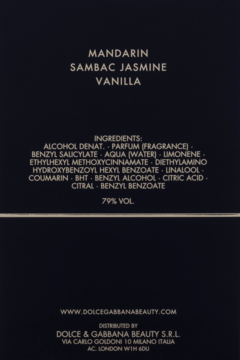 Tył opakowania perfum Dolce & Gabbana The Only One Intense z nutami: mandarynka, jaśmin, wanilia i składem.