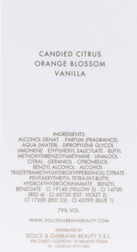 Tył opakowania perfum Dolce & Gabbana Devotion. Widoczne nuty: kandyzowana cytryna, kwiat pomarańczy, wanilia i składniki.