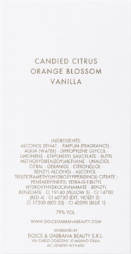 Tył opakowania wody perfumowanej Dolce & Gabbana Devotion. Widoczne nuty: candied citrus, orange blossom, vanilla i składniki.