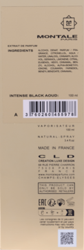 Tył beżowego opakowania Montale Intense Black Aoud 100ml z informacjami o składzie, kodem EAN i logo.