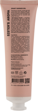 Tył różowej tubki żelu Sister's Aroma Smart Shower Gel, z widocznymi składnikami, kodem i opisem.