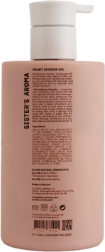 Tył różowego żelu Sister's Aroma Smart Shower Gel. Widoczne informacje o składzie, certyfikaty i tekst "CLEAN NATURAL INGREDIENTS".