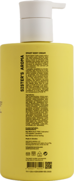 Tył żółtego balsamu Sister's Aroma Smart Body Cream z pompką, widoczne etykiety i skład.