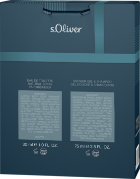 Tył ciemnoniebieskiego zestawu s.Oliver Life Time EDT i żelu, z listą składników oraz pojemnościami 30ml i 75ml.