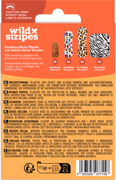 Tył opakowania hipoalergicznych plastrów Wild Stripes w motywy zwierzęce, z instrukcjami i wymiarami.