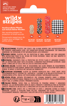 Tył pomarańczowego opakowania hipoalergicznych plastrów wild x stripes. Widoczne cztery wzory, wielojęzyczne instrukcje.