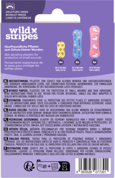 Tył fioletowego opakowania plastrów dla dzieci Wild Stripes. Widoczne wzory: jednorożce, kropki i kształty.