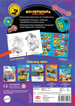 Tył opakowania kolorowanki Hot Wheels, fioletowe tło, pokazujący strony do kodowania kolorów i naklejki.