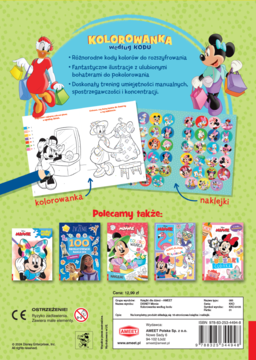 Tył opakowania kolorowanki Minnie Mouse: ilustracje stron i arkusz naklejek, widać inne tytuły.