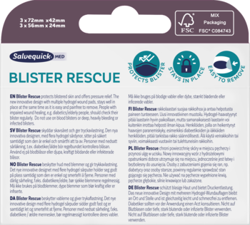 Salvequick Blister Rescue, widok opakowania fioletowo-zielonych plastrów hydrożelowych mix na pęcherze.