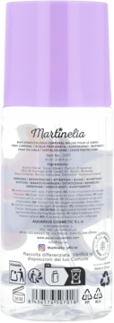 Tył przezroczystej butelki Martinelia Body Spray Corporal z fioletową nakrętką, widoczna lista składników.