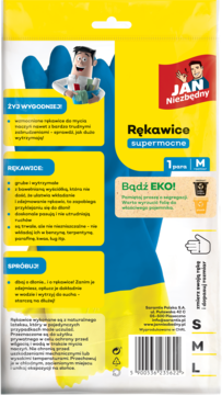 Tył opakowania supermocnych rękawic Jan Niezbędny w rozm. M, z tekstem i grafiką na żółto-niebieskim tle.