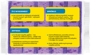 Grafika reklamowa zmywaka kuchennego Jan Niezbędny, lawendowy. Żółte pola na fioletowym tle opisują cechy i użycie.