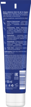 Tył niebieskiej tubki kremu do rąk Soraya Hialuronowy Mikrozastrzyk 100ml z białymi napisami i listą składników aktywnych.