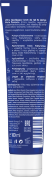 Tył niebieskiej tubki kremu do rąk Soraya Hialuronowy Mikrozastrzyk 100ml, z polskim opisem składu.