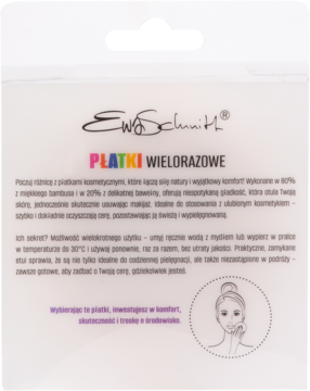 Tył białego opakowania Ewa Schmidt, płatki wielorazowe z bambusa i bawełny do demakijażu, tekst z opisem.