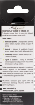 Tył czarnego opakowania obcinacza do paznokci 4w1 Ewa Schmitt z opisem narzędzi i danymi producenta.