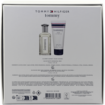 Tył białego opakowania męskiego zestawu Tommy Hilfiger Tommy z wodą toaletową i żelem pod prysznic.
