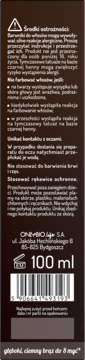 Tył opakowania tonera OnlyBio Hair in Balance, ciemny brąz, z ostrzeżeniami i danymi producenta, 100 ml.
