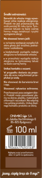 Tył opakowania tonera OnlyBio Hair in Balance 100ml, z polskimi ostrzeżeniami i kodem kreskowym. Efekt: ciepły brąz do 8 myć.