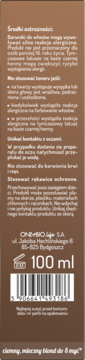 Tył opakowania tonera OnlyBio Hair in Balance do włosów, 100ml, z ostrzeżeniami, kodem kreskowym i napisem 'ciemny, mleczny blond'.